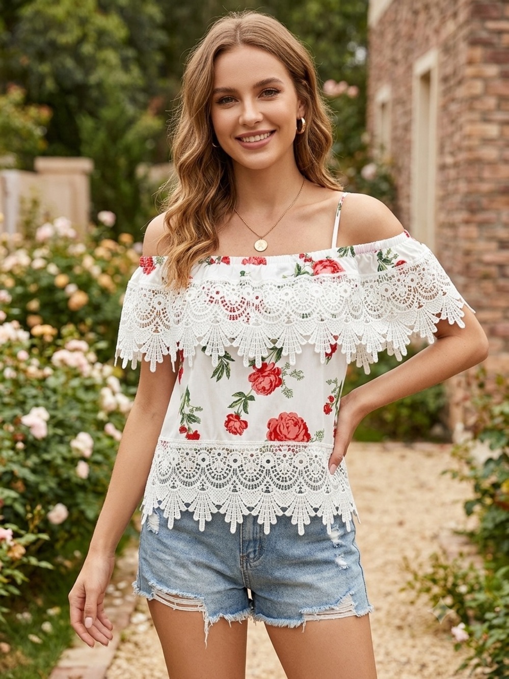 NEW No Boundaries White Off the Shoulder Floral Lace Trim Top, Size Medium